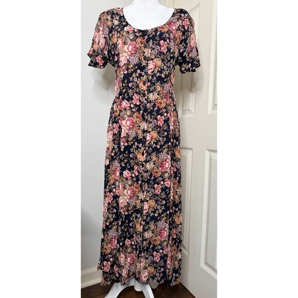 starina Dresses & Skirts - Starina Maxi Dress Medium Floral Button Front Short Sleeve Rayon Cottagecore